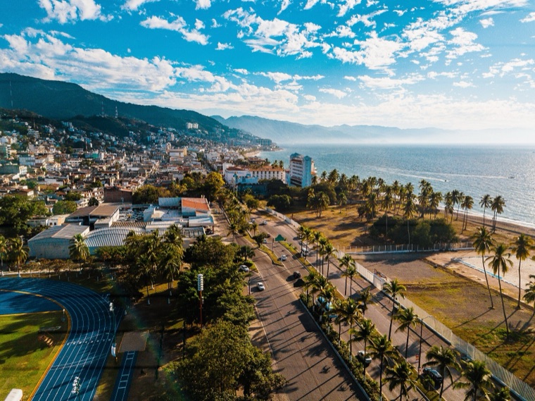 Aerial view of the Puerto Vallarta coastline and mountains